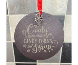 Elf Quote Candy Canes & Syrup Christmas Tree Bauble Decorations Natural Slate