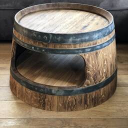 Wine Barrel Coffee Table With Shelf, Rounded Corners, Rustic - thumbnail 2