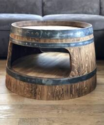 Wine Barrel Coffee Table With Shelf, Rounded Corners, Rustic - thumbnail 1