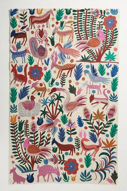 Hand Embroidered Wool Rug Jungle Animals, Floral Tapestry - image 1