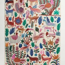 Hand Embroidered Wool Rug Jungle Animals, Floral Tapestry - thumbnail 3
