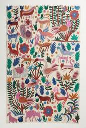 Hand Embroidered Wool Rug Jungle Animals, Floral Tapestry - thumbnail 1