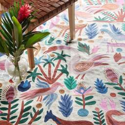 Hand Embroidered Wool Rug Jungle Animals, Floral Tapestry - thumbnail 4
