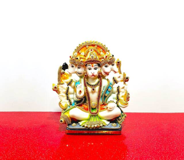 Lord Hanuman Bajrangbali Panchmukhi - 5 Face , Rare Stone Decorated Statue - image 1