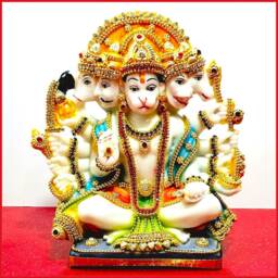 Lord Hanuman Bajrangbali Panchmukhi - 5 Face , Rare Stone Decorated Statue - thumbnail 2