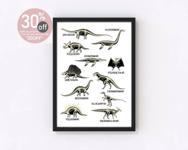 Dinosaur Skeleton Print, Educational Prehistoric Wall Art, Kids Nursery Decor - image 1