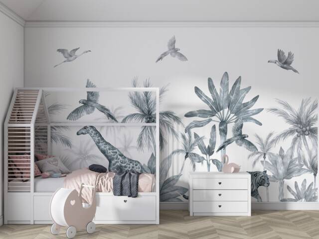 Safari Wallpaper, Monochrome Jungle Wall Mural, Nursery Animals, Decor, Kids Wallpaper