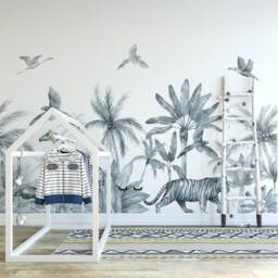 Safari Wallpaper, Monochrome Jungle Wall Mural, Nursery Animals, Decor, Kids Wallpaper - thumbnail 2
