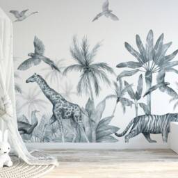 Safari Wallpaper, Monochrome Jungle Wall Mural, Nursery Animals, Decor, Kids Wallpaper - thumbnail 3