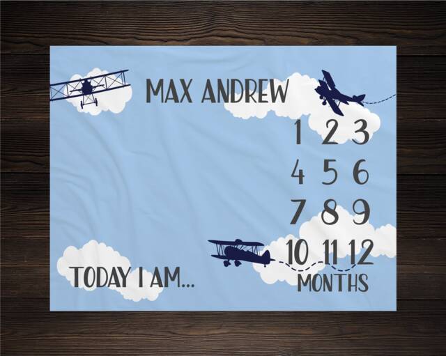 Airplane Milestone Blanket Monthly Growth Tracker Aircraft Soft Fleece Baby Shower Gift Newborn Watch Me Grow Boy - image 1