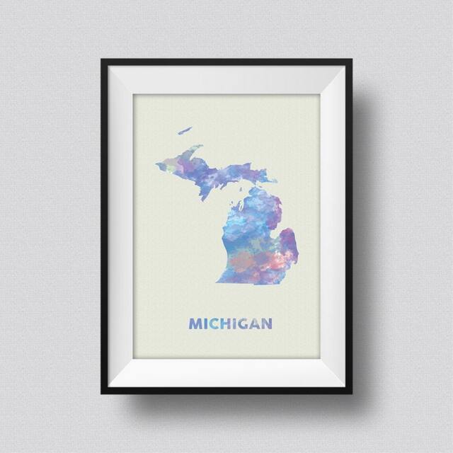 Michigan Map Usa Watercolor Art Print Ink Splash Poster Canvas