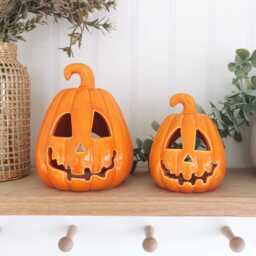 Ceramic Pumpkin Tea Light Holder Lantern, 2 Sizes, Autumn Ornaments, Decoration, Pumpkin, Battery Operated Candle - thumbnail 2