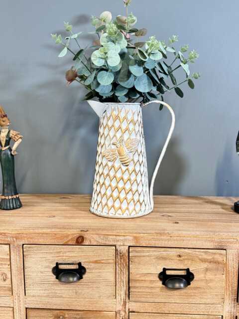 White Gold Bee Metal Jug Vase, Rustic Farmhouse Flower Pitcher - image 1