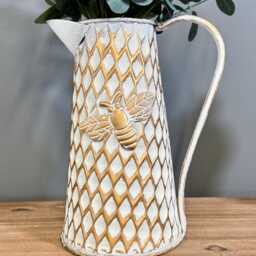 White Gold Bee Metal Jug Vase, Rustic Farmhouse Flower Pitcher - thumbnail 3
