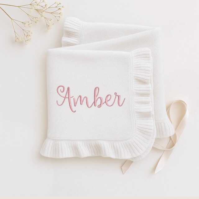 Personalized Embroidered Baby Blanket With Frill Knitted Newborn Gift - image 1