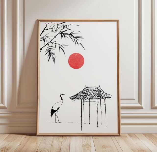 Japanese Crane Poster - Minimal Ink Line Art Print Red Sun Wall Decor - image 1