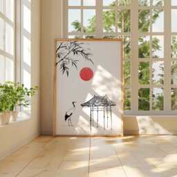Japanese Crane Poster - Minimal Ink Line Art Print Red Sun Wall Decor - thumbnail 4