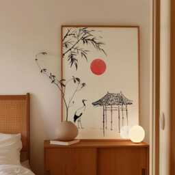 Japanese Crane Poster - Minimal Ink Line Art Print Red Sun Wall Decor - thumbnail 2