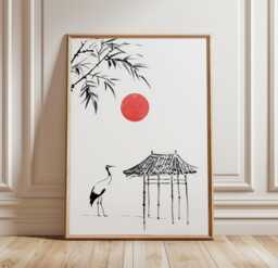 Japanese Crane Poster - Minimal Ink Line Art Print Red Sun Wall Decor - thumbnail 1
