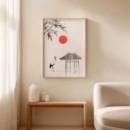 Japanese Crane Poster - Minimal Ink Line Art Print Red Sun Wall Decor - thumbnail 3