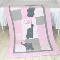 Twin Baby Quilts, Pink Blue Crib Bedding, Elephant Kids Blanket, Patchwork Organic Infant Bedding - thumbnail 2