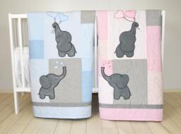 Twin Baby Quilts, Pink Blue Crib Bedding, Elephant Kids Blanket, Patchwork Organic Infant Bedding - thumbnail 1