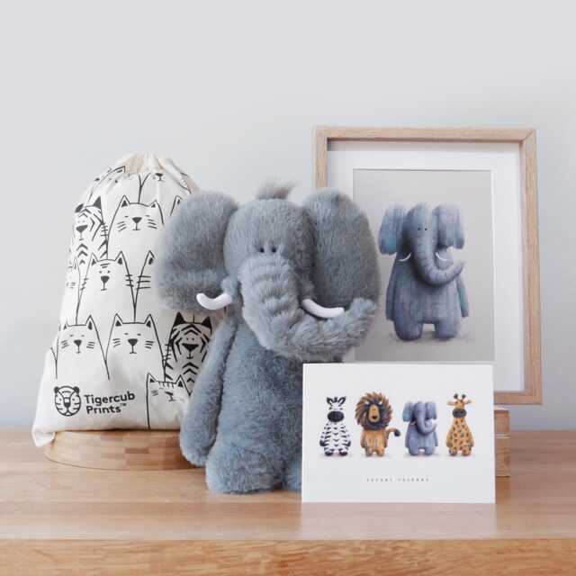 Elephant Newborn Gift Set - Teddy, Nursery Print, Eco Bag, Card - image 1