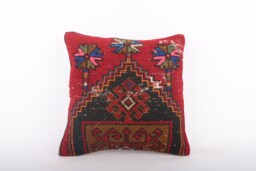 Vintage Turkish Kilim Pillow Cover Handwoven Wool Rug Cushion - 16x16 - thumbnail 1