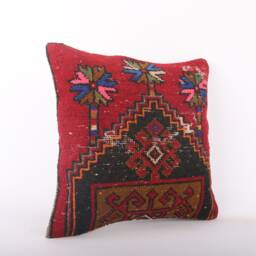 Vintage Turkish Kilim Pillow Cover Handwoven Wool Rug Cushion - 16x16 - thumbnail 2