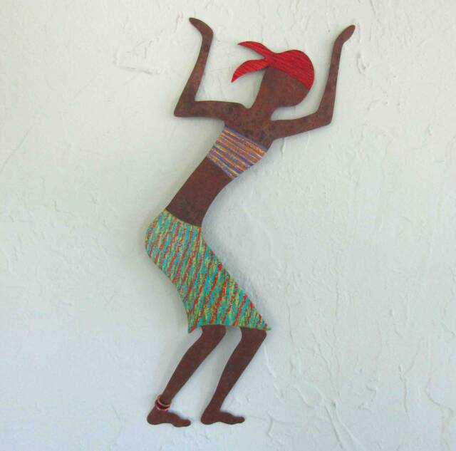 Upcycled Metal Caribbean Dancer Wall Art Turquoise African Decor - 9x17 - image 1