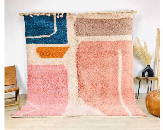 Colorblock Moroccan Berber Rug - Pink, Blue, & Terracotta Shag Rug, Handwoven Wool Area - image 1