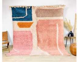 Colorblock Moroccan Berber Rug - Pink, Blue, & Terracotta Shag Rug, Handwoven Wool Area