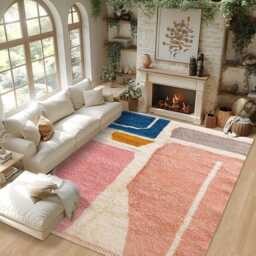 Colorblock Moroccan Berber Rug - Pink, Blue, & Terracotta Shag Rug, Handwoven Wool Area - thumbnail 2