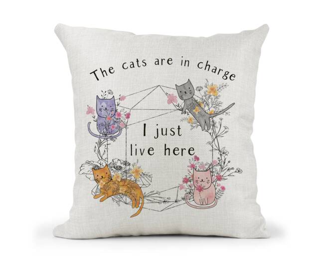The Cats Are in Charge I Just Live Here Quote Cushion.. Crazy Cat Lady Gift.. Watercolour Design - image 1