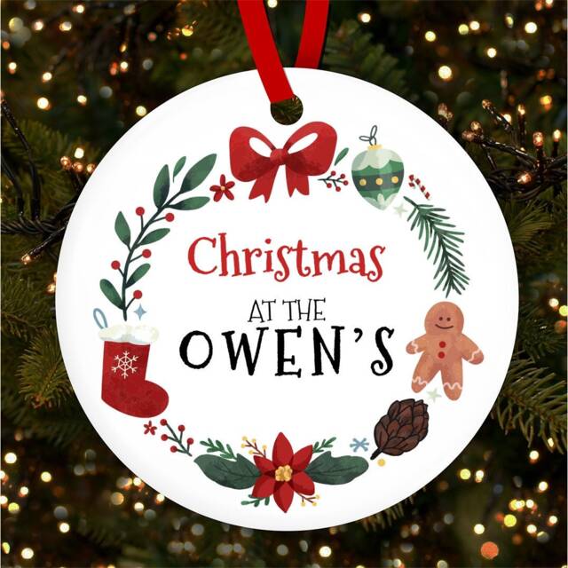 Family Name Festive Wreath Round Personalised Christmas Tree Ornament Decoration