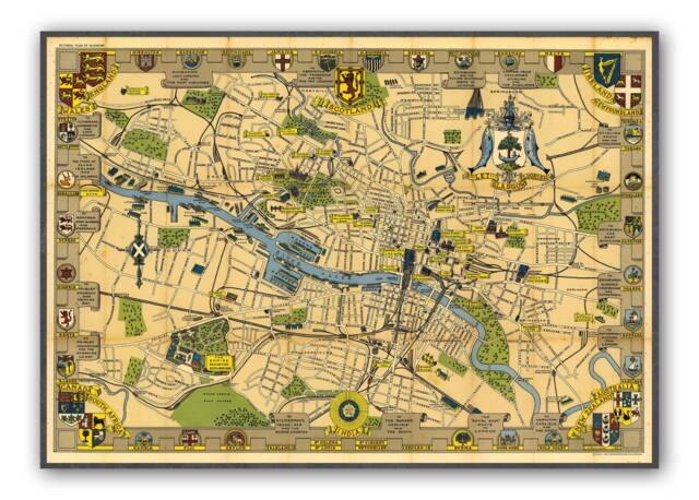 Let Glasgow Flourish Map, Vintage Historic Wall Art Poster Home School - image 1