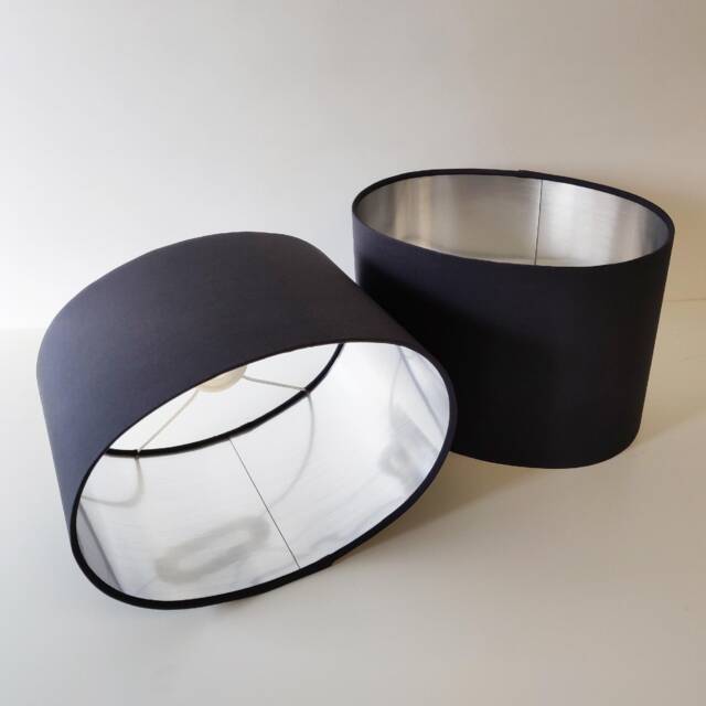 Dark Grey Oval Drum Lampshade, Cotton With A Silver Lining - image 1