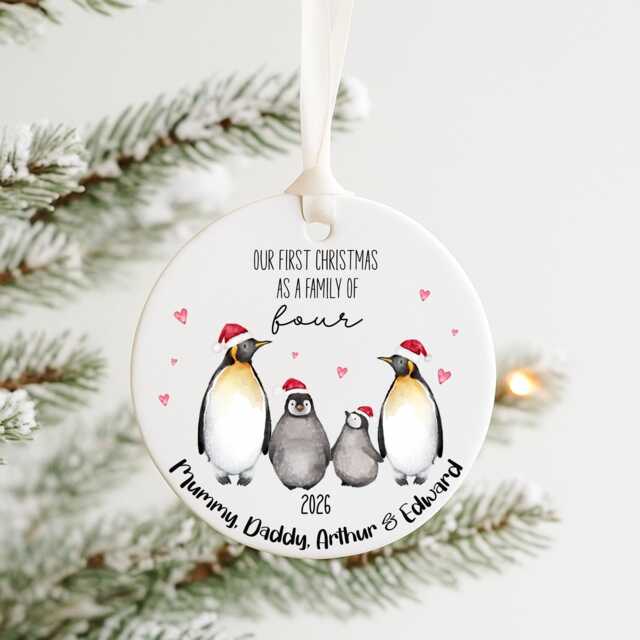 Personalised First Christmas As A Family Of 4 Decoration, Keepsake Bauble Gift Ceramic Ornament, Baby's Decoration - image 1