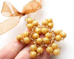 Yellow Gold Pearl Beaded Snowflake Ornament, Crystal Star Christmas Decor - thumbnail 1