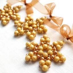 Yellow Gold Pearl Beaded Snowflake Ornament, Crystal Star Christmas Decor - thumbnail 2