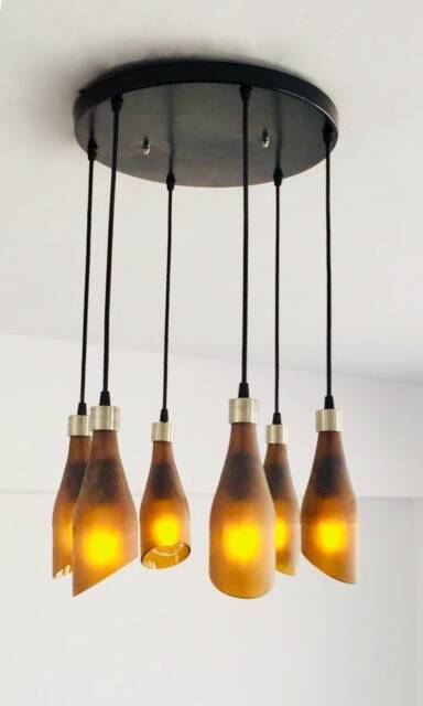 Beer Bottle Chandelier - Frosted Amber Industrial Lamp Light Fixture - image 1