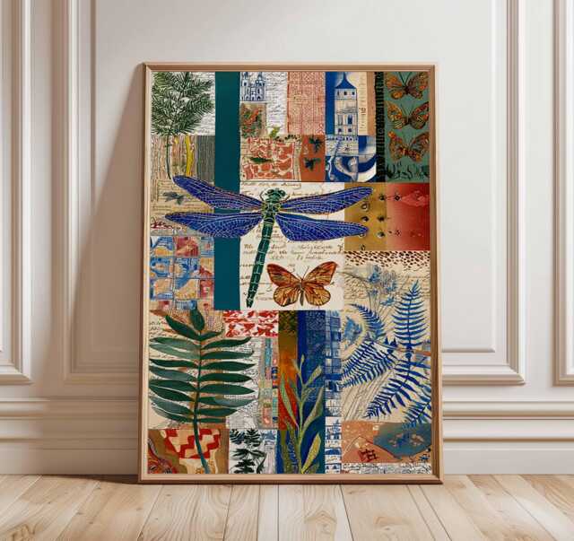 Boho Dragonfly Collage Poster, Abstract Botanical Wall Art Print, Colorful Nature Artwork, Modern Bohemian Decor, Vibrant Insect - image 1