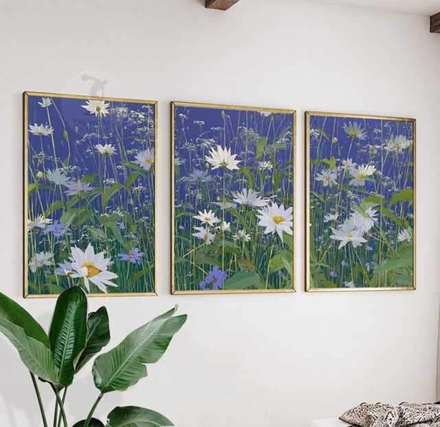Wildflower Meadow Wall Art Set Of 3 - Blue & White Daisy Field Print Modern Botanical Nature Artwork Fresh Floral Decor - image 1