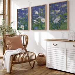 Wildflower Meadow Wall Art Set Of 3 - Blue & White Daisy Field Print Modern Botanical Nature Artwork Fresh Floral Decor - thumbnail 2