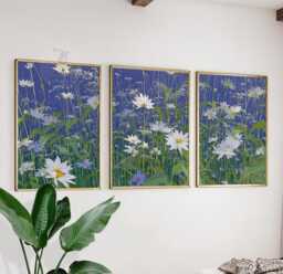 Wildflower Meadow Wall Art Set Of 3 - Blue & White Daisy Field Print Modern Botanical Nature Artwork Fresh Floral Decor - thumbnail 1