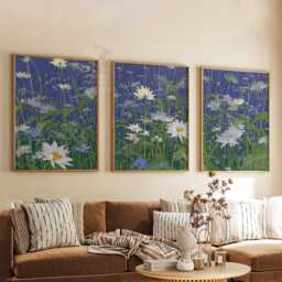 Wildflower Meadow Wall Art Set Of 3 - Blue & White Daisy Field Print Modern Botanical Nature Artwork Fresh Floral Decor - thumbnail 3