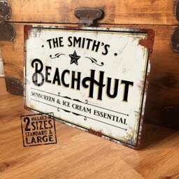 Personalised Beach Hut Sign Metal Wall Door Decor Holiday Home Vintage Accessory, Shed, Retro Plaque, Waterproof Aluminium, 200mm X 305mm