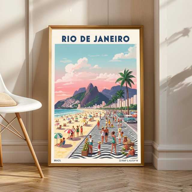 Rio De Janeiro Beaches Poster - Pink & Blue Green Yellow Vintage Beach Art - Retro Travel Print For Living Room Or Office - image 1