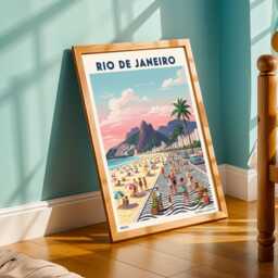 Rio De Janeiro Beaches Poster - Pink & Blue Green Yellow Vintage Beach Art - Retro Travel Print For Living Room Or Office - thumbnail 2