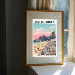 Rio De Janeiro Beaches Poster - Pink & Blue Green Yellow Vintage Beach Art - Retro Travel Print For Living Room Or Office - thumbnail 3